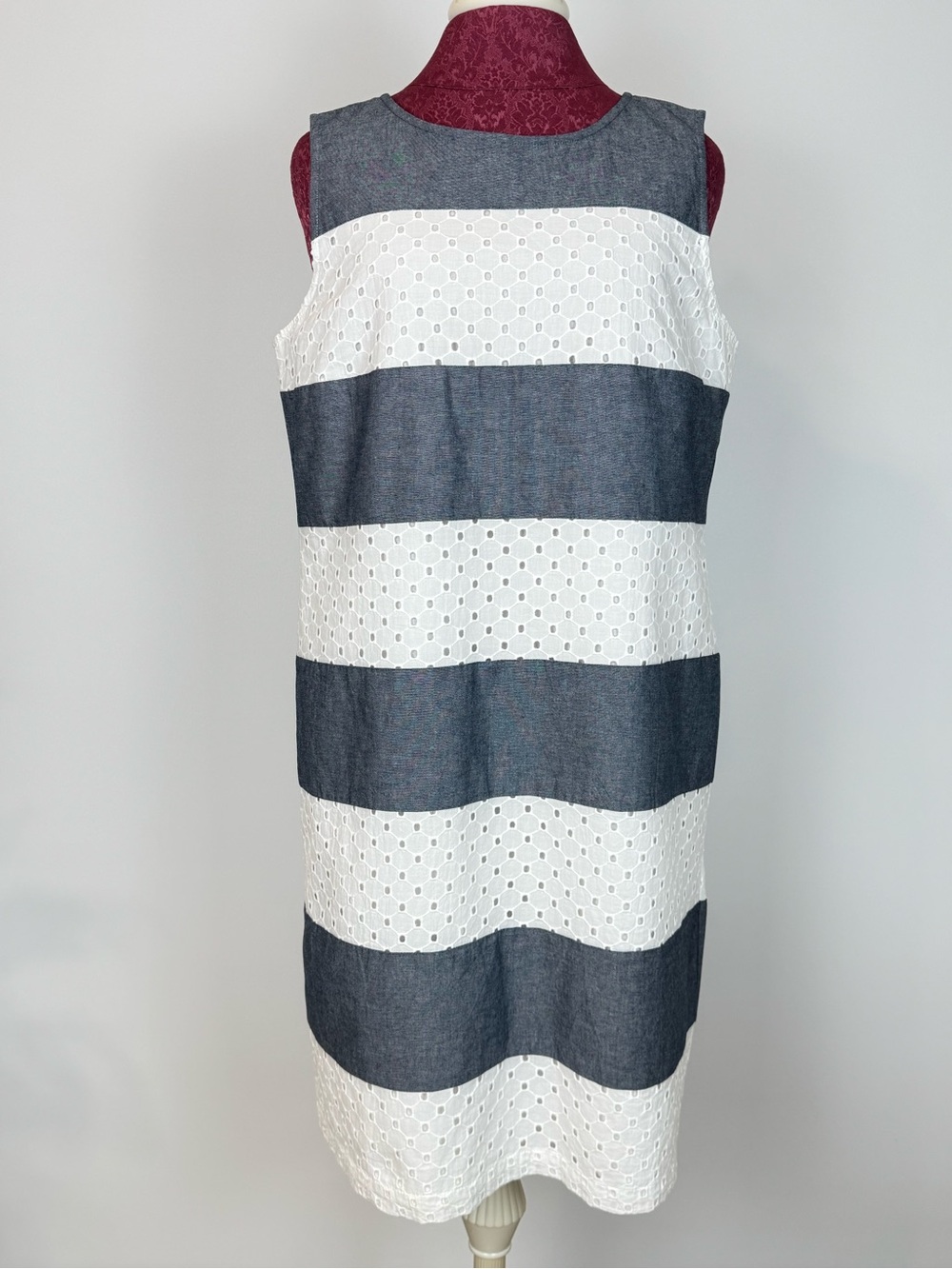 Talbots Women's Size 14 Petite Blue Chambray and White Eyelet Striped Mini Dress